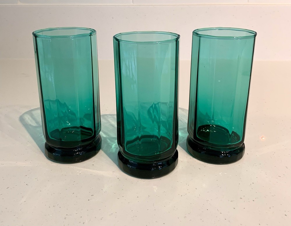 3 Vintage Anchor Hocking Essex Teal Green 10-Panel Tea/Highball Glasses 5.75″ *