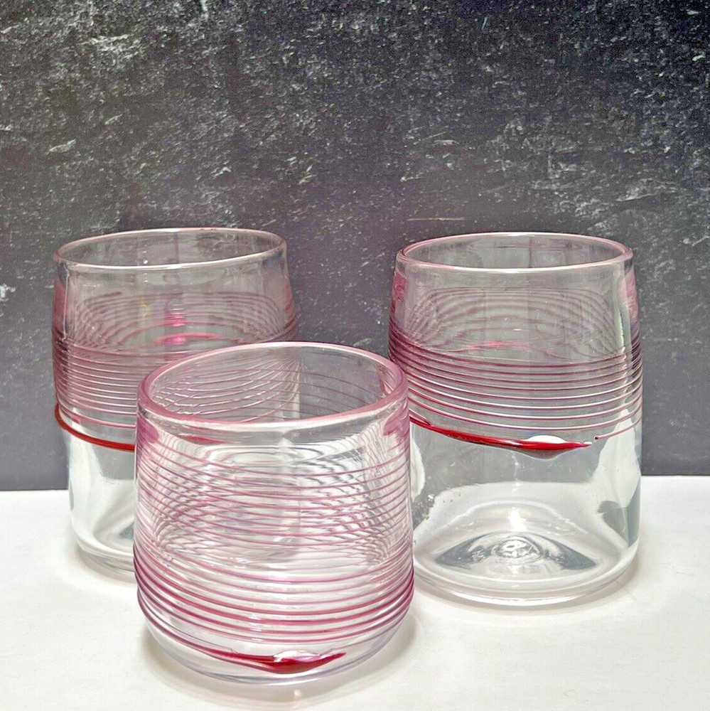 3 Vtg Thames Street Glass House Art Glass Cocktail Tumblers 1986 Applied Rings