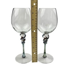Pair Romeo Art Glass Wine Goblets Minh Martin 10.25″ Tall Iridescent Water Stem