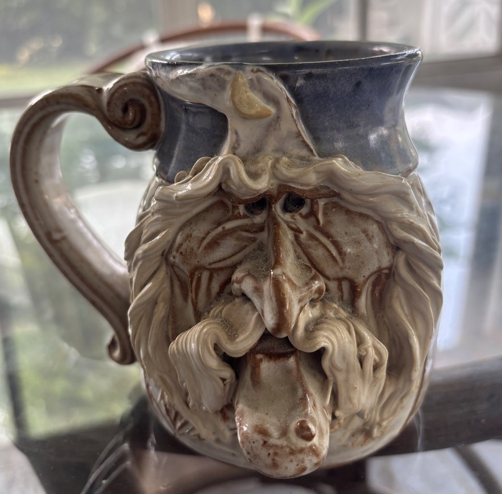 Vintage Original John Coiner Glazed Stoneware Sculptured Face Ugly Mug Wizard