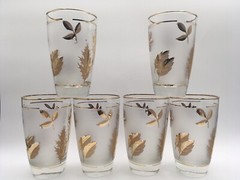 LIBBEY GOLD LEAF Set of 6 Frosted Highball Glasses MCM Vintage Barware Retro