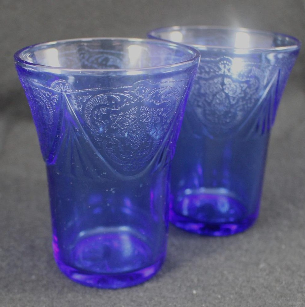 Hazel Atlas Royal Lace Cobalt Blue Glass Set of Two Five Ounce Flat Tumblers