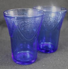 Hazel Atlas Royal Lace Cobalt Blue Glass Set of Two Five Ounce Flat Tumblers