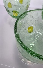 Set Of 3 Green Seeded Bubble Glass Goblets With Lemon Slices & Clear Ball Stem