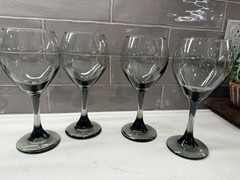 Set of 4 Libbey Black Nova Smoke Gray Wine Water Goblets 7” Vintage 1970s
