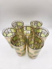 Culver Prado Green Gold High Ball Vintage Drinking Glasses Tumblers Set of 7 MCM