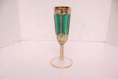 Pair Moser Cut to Clear Cabochon Enamel Scrollwork & Gold Champagne Flutes SET 2