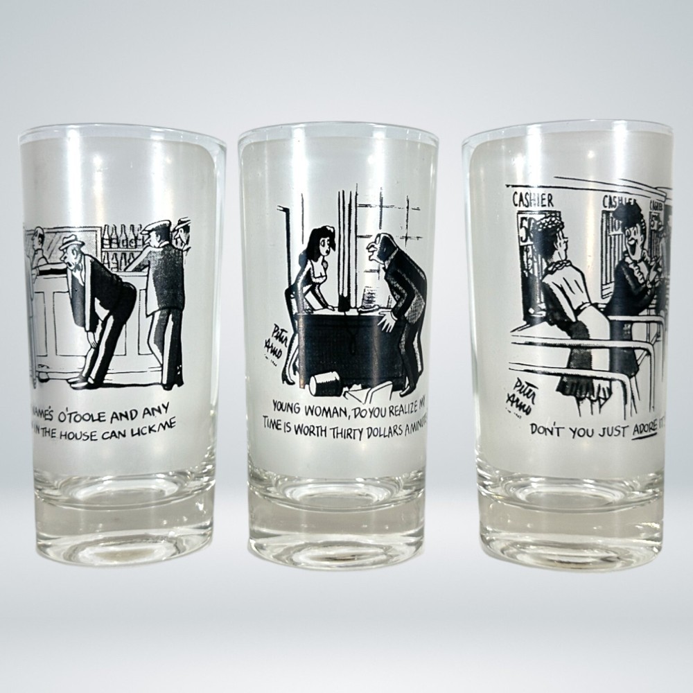 Set of 3 Mid-Century Frosted High Ball Glasses, Peter Arno, 1940’s