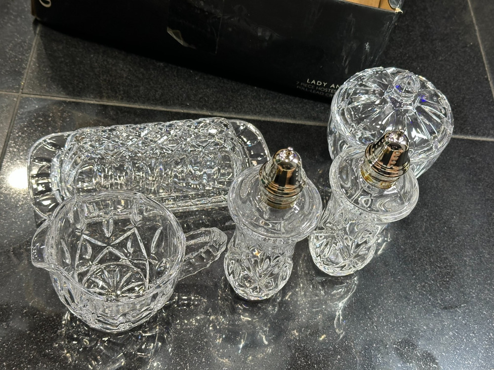 Gorham Lady Anne Crystal Set Salt Pepper Shaker Butter Dish Creamer Open Box