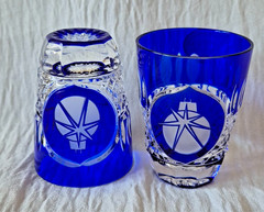 AJKA CHRISTMAS COBALT BLUE LEAD CRYSTAL VODKA SHOT GLASS, SET OF 2, MARKED