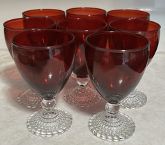 8 Vtg Anchor Hocking Bubble Foot Ruby Water Goblets: RETRO FAB!