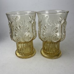 Pair Vintage Pilgrim Glass ADAMS Fleur De Lis Amber 4.75″ Tumbler Glasses 11oz.