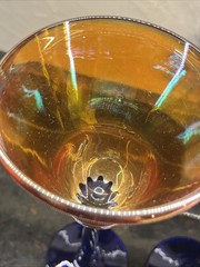 Glass Tulip Iridescent & Cobalt Blue Signed Rick Strini Wine Glasses