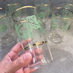 VTG Set Of 7 Hazel Atlas Green Ivy Gold Detail Grapevine Drinking Glass Tumblers