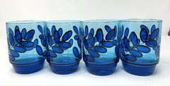 Set of 4 Vtg J Wm Hale Cobalt Blue Leaf High Ball Tumbler Glasses 14oz Stackable