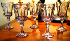 Vintage FOSTORIA VIRGINIA Set 5 Water Glasses SMOKEY GREY Hexagonal Panels 7.25″