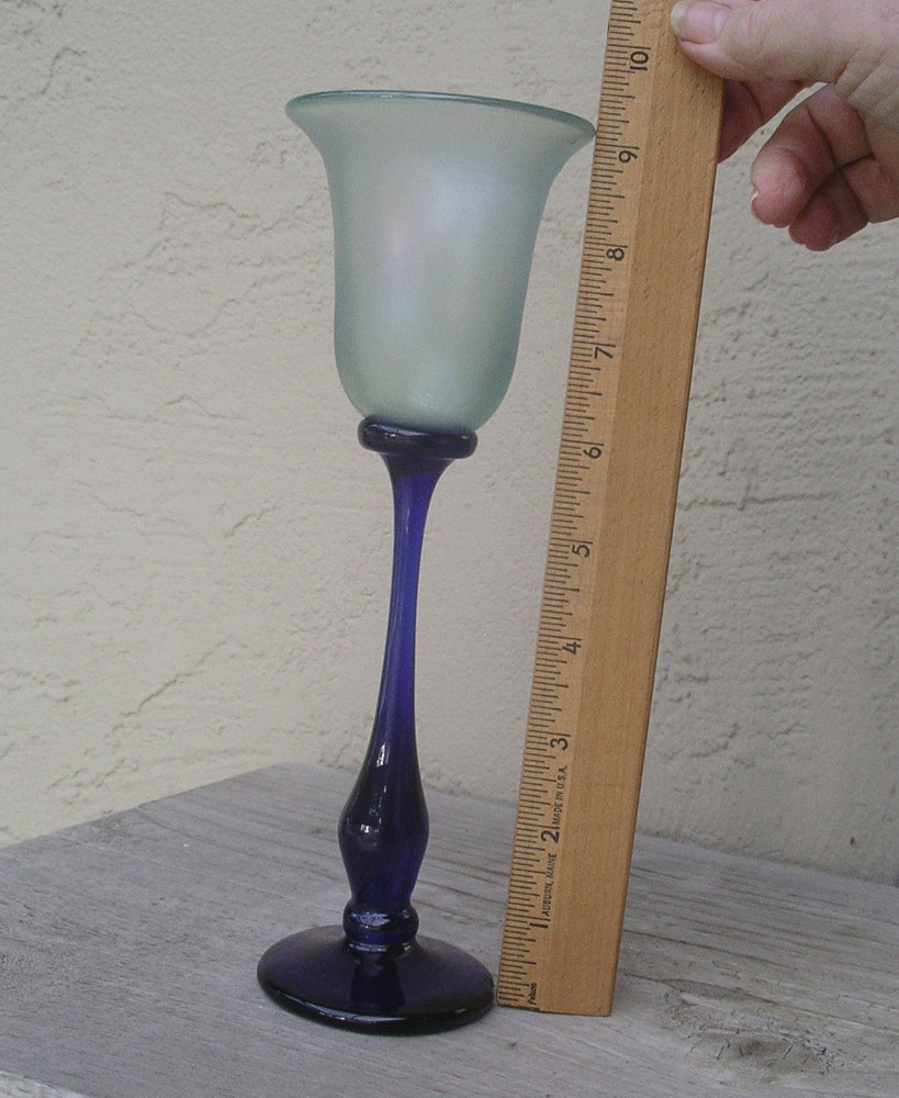 Rick Strini Signed Studio Art Glass Long Stem Wine Glass Blue Green luster 9″