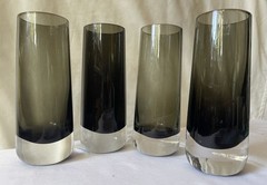 4 VINTAGE MCM 1960’S KAJ FRANCK FINNISH DESIGN HEAVY TALL GLASSES, SMOKEY GREEN