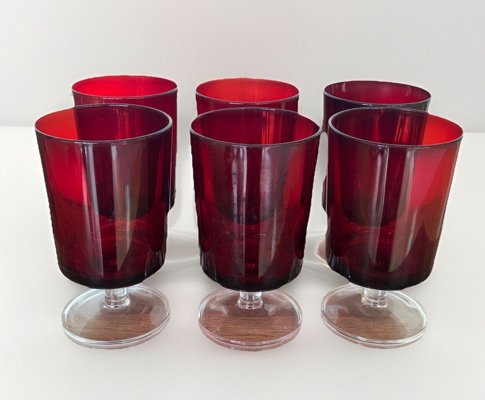 Arcoroc France Luminarc Ruby Red Footed Clear Stem Water Goblet 5-1/4″H 8oz 6pcs
