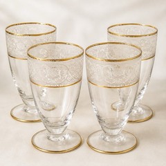 Set of 4 Glastonbury Lotus Footed Water Juice Glasses Etched Gold Rim 5.5” Vtg