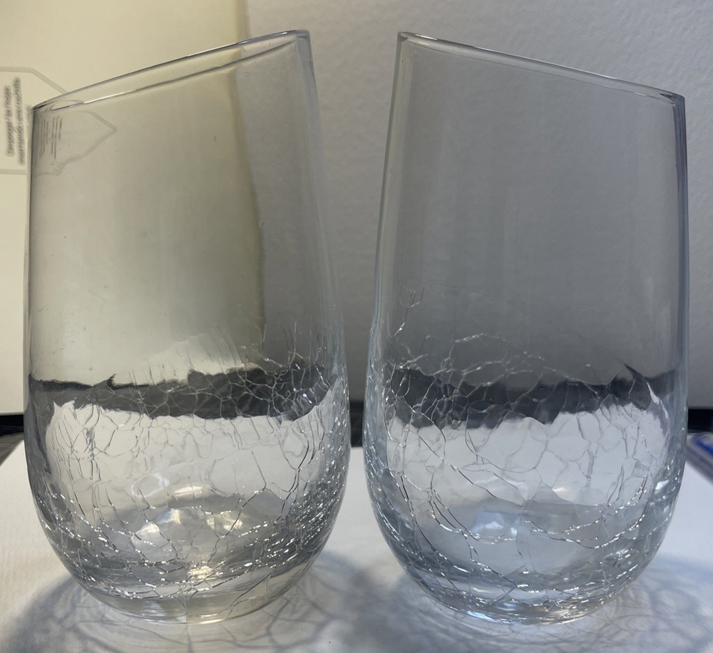 Set of 2 Clear Pier 1 Angled-Rim Crackle Glass Tumbler 5 7/8” Tall Fun & Elegant