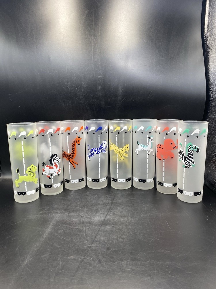 8 Pc Libbey Frosted Carousel Circus Animals Tom Collins highball glasses