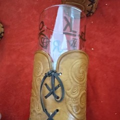 (8) 8oz Highball Glasses Leather Holder Western Cowboy Ranch Brand ML Leddy