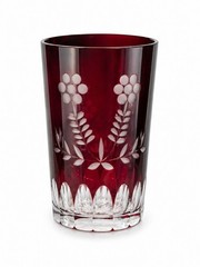 Ruby Red Cut To Clear Bohemian Glass Tumbler 4” tall by just under 3” diameter.