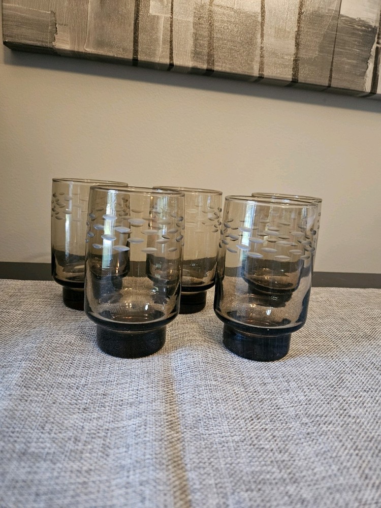 Vintage Libbey Tawny Smoke Etched Glasses Set Of 5