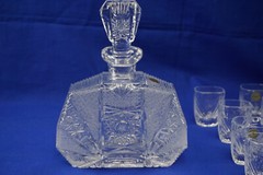 Pasabahce Crystal Decanter, 6 1/4″, with Lid 8 3/4″ & (9) Glasses, 2 1/2″ NWT