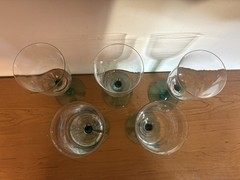 Hand Blown Clear Wine Goblets Teal Green Blue Stem Art Glass Set of 3***not 5***