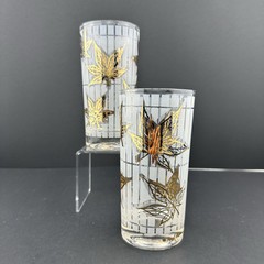 Fred Press GOLD MAPLE LEAVES Frosted Highball Glasses (2) Vintage MCM