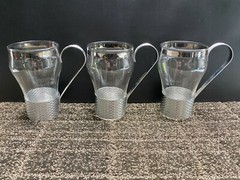 Lot of 3 Vintage Federal Clear Glass Tumblers w/ Silver Metal Removeable Handles