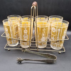 Libbey MCM Green Colonial Tumbler Glasses Set of 8 + Gold Caddy Ice Tongs