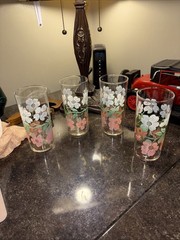 Federal Glass WildRose 6 1/4” Tumblers Drinking Glasses Floral Pink White Green