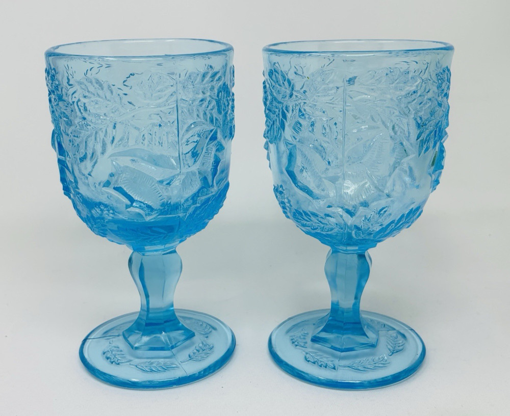 Fenton LG Wright Madonna Inn Wild Rose Goblet Turquoise Blue Glass Set 6 1/2″