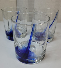 3-Libbey? Cobalt Blue Ribbon & Clear Rocks Glasses 4” Dimpled Finger Grips