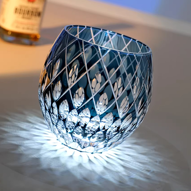 Water Drops Design Hand Cut To Clear Glass Whiskey Crystal Glass 11oz Ink Blue