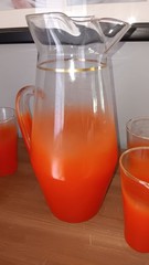 VTG Blendo Pitcher & 6 (12 Oz) Glasses Frosted Orange/Red w/ Gold Trim MCM EXC