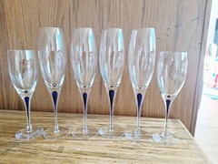 Set 6 Orrefors Intermezzo Cobalt Blue Clear Champagne Wine Glasses Teardrop