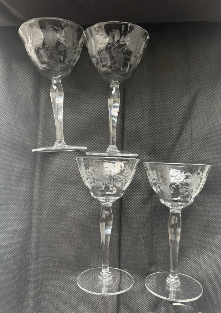 Set Of 4 Etched Crystal, Cordial Glasses Stemware Floral Spray, Leaf 5 1/4” H