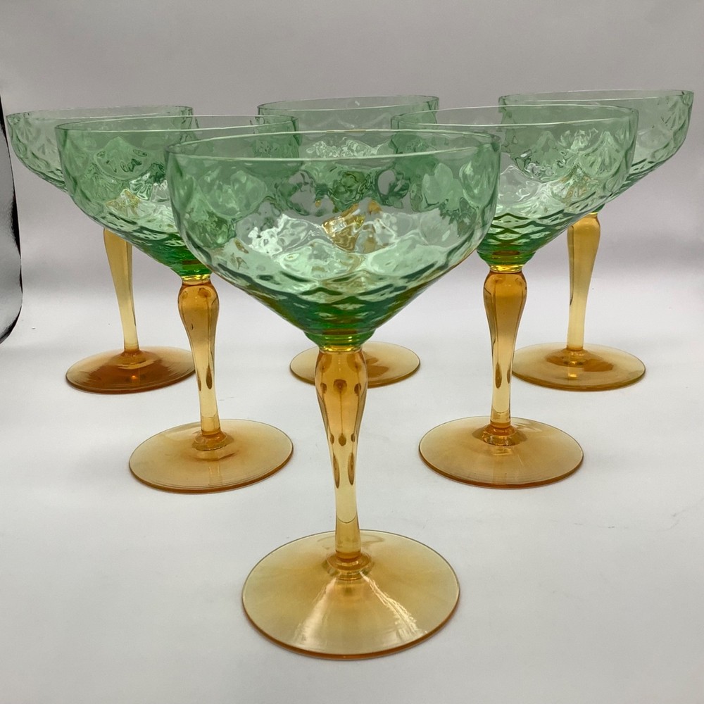 Rare Set of 6 Pukeberg Royal Fan/Turkey Tracks Green/Amber Sherbert Stems
