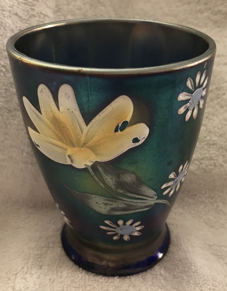 Hand Painted Blue Northwood Carnival Glass Enameled Daisy Little Flower Tumbler
