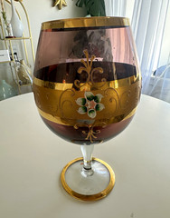 Large Amber Glass Brandy Snifter Goblet Gold Floral Decor Italian Label Vintage