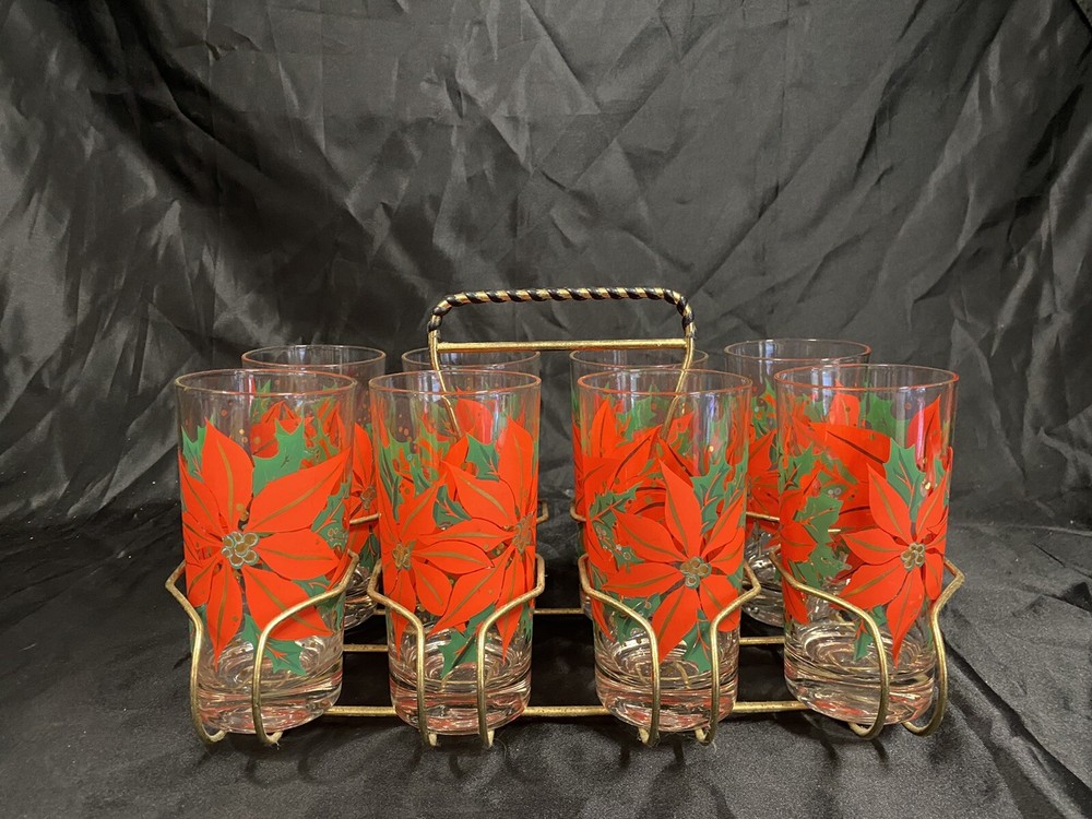 8 VTG CHRISTMAS BRIGHT RED POINSETTIA GLASS TUMBLER BRASS METAL CARRIER MCM