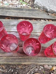 6 Vintage Etched Cattails & Lilly Pad Cranberry Juice Glass/Tumbler