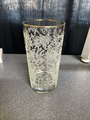 Vintage Libbey Lace Highball glass with white stenciled floral lace and gold rim