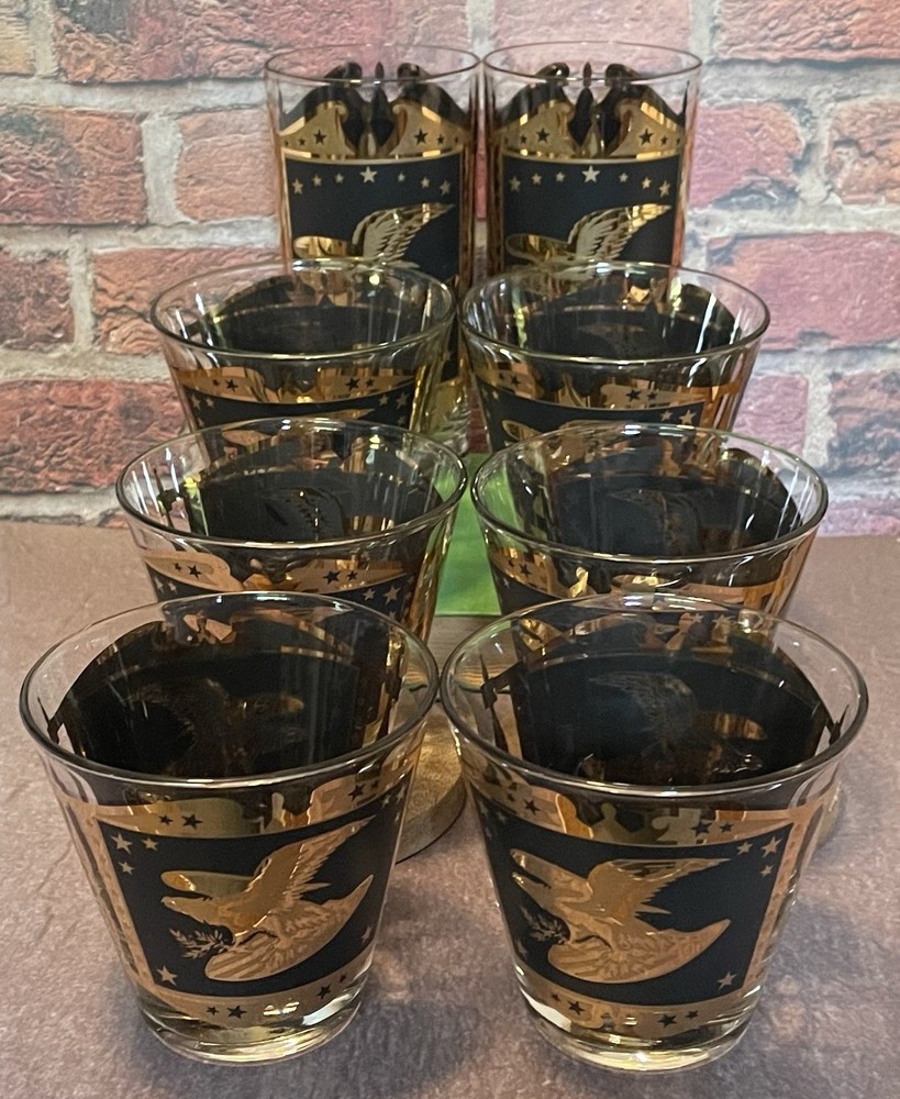 Vintage MCM Black And Gold American Eagle 2 Highball Glasses And 6 Tumblers