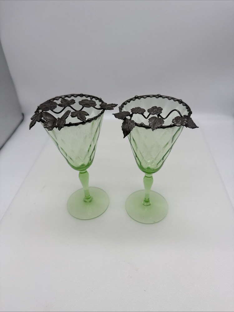 Set Of 2 Uranium Glass Stemware Wine Glasses With A Pewter Overlay On The Rim
