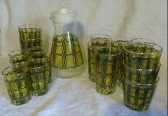 Vintage Libbey Carafe 18 Glasses Highball Rocks Shot Black Scroll Green MCM